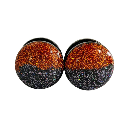 Orange and Black Iridescent Sparkle Color Block Plugs