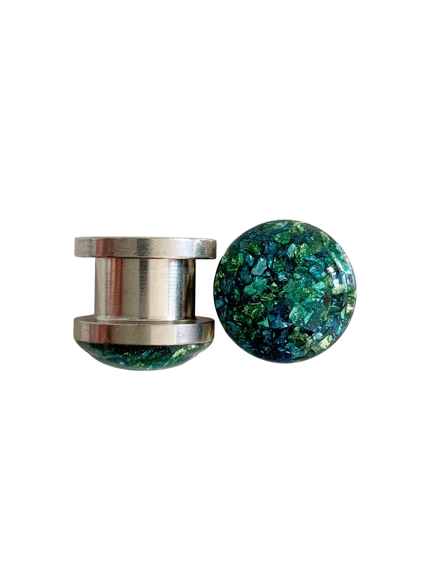 Sea Blue and Green Crushed Glass Plugs