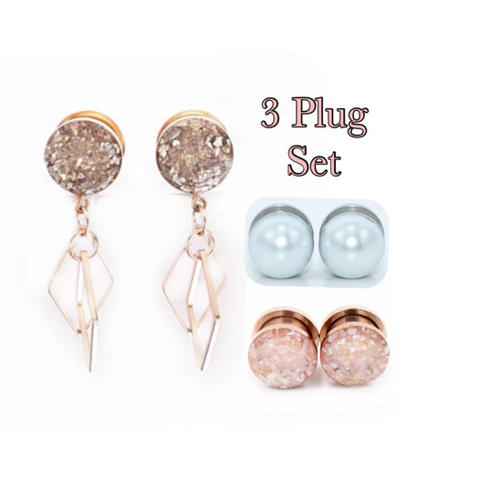 3 Plug Set; Silver Glass Diamonds, White Pearls, Champagne Shell Plugs - Defiant Jewelry