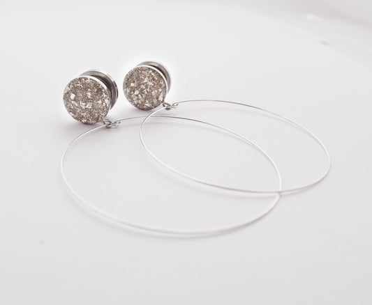 Silver Crushed Glass with Hoops Dangle Plugs - Defiant Jewelry