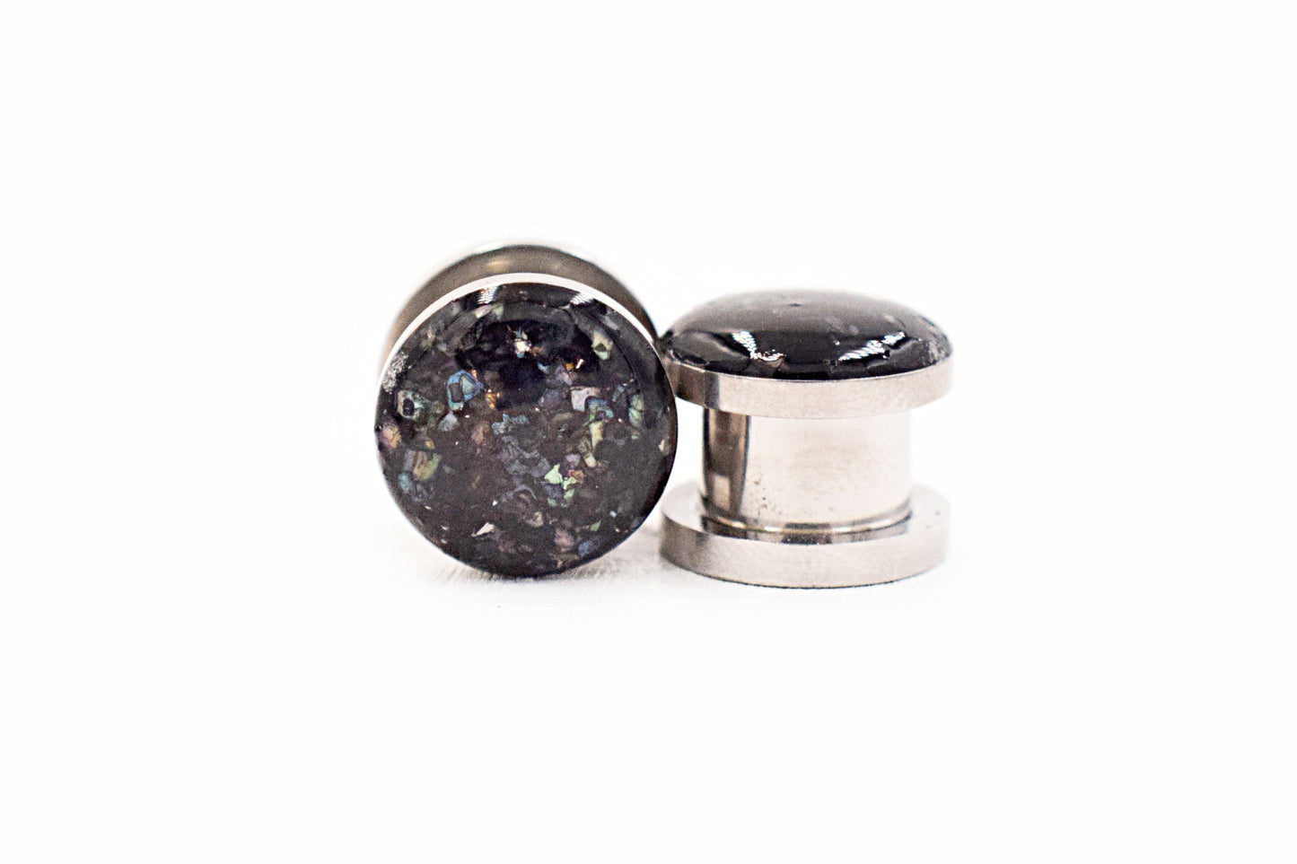 Iridescent Black Crushed Shell Plugs - Defiant Jewelry