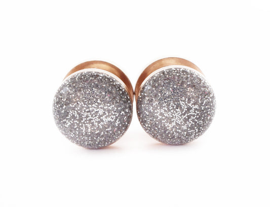 Silver Sparkle Plugs shown on Rose Gold - Defiant Jewelry