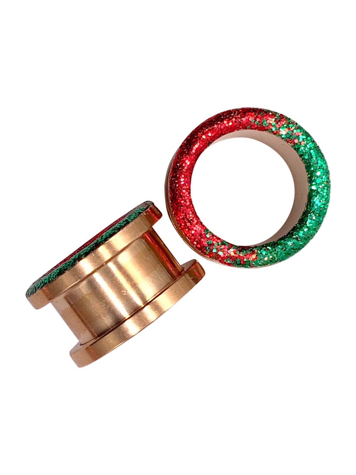Red and Green Raw Sparkle Ombre Tunnel Plugs