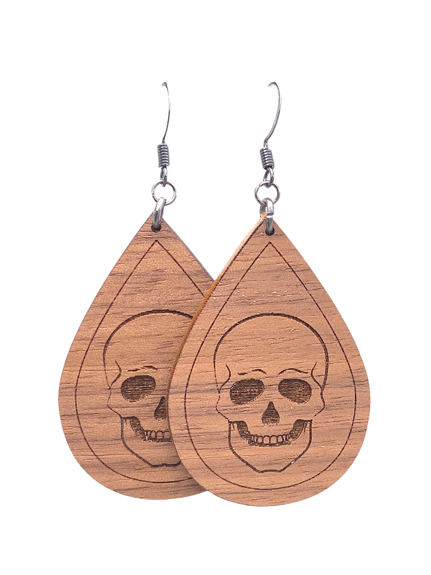 Skull Walnut Wood Teardrop Dangle Earrings