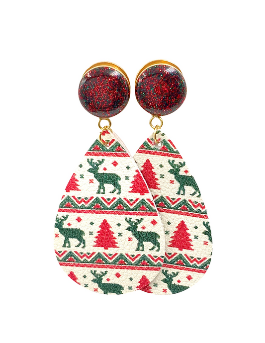 Red and Green Christmas Sparkle Faux Suede Teardrop Dangle Plugs