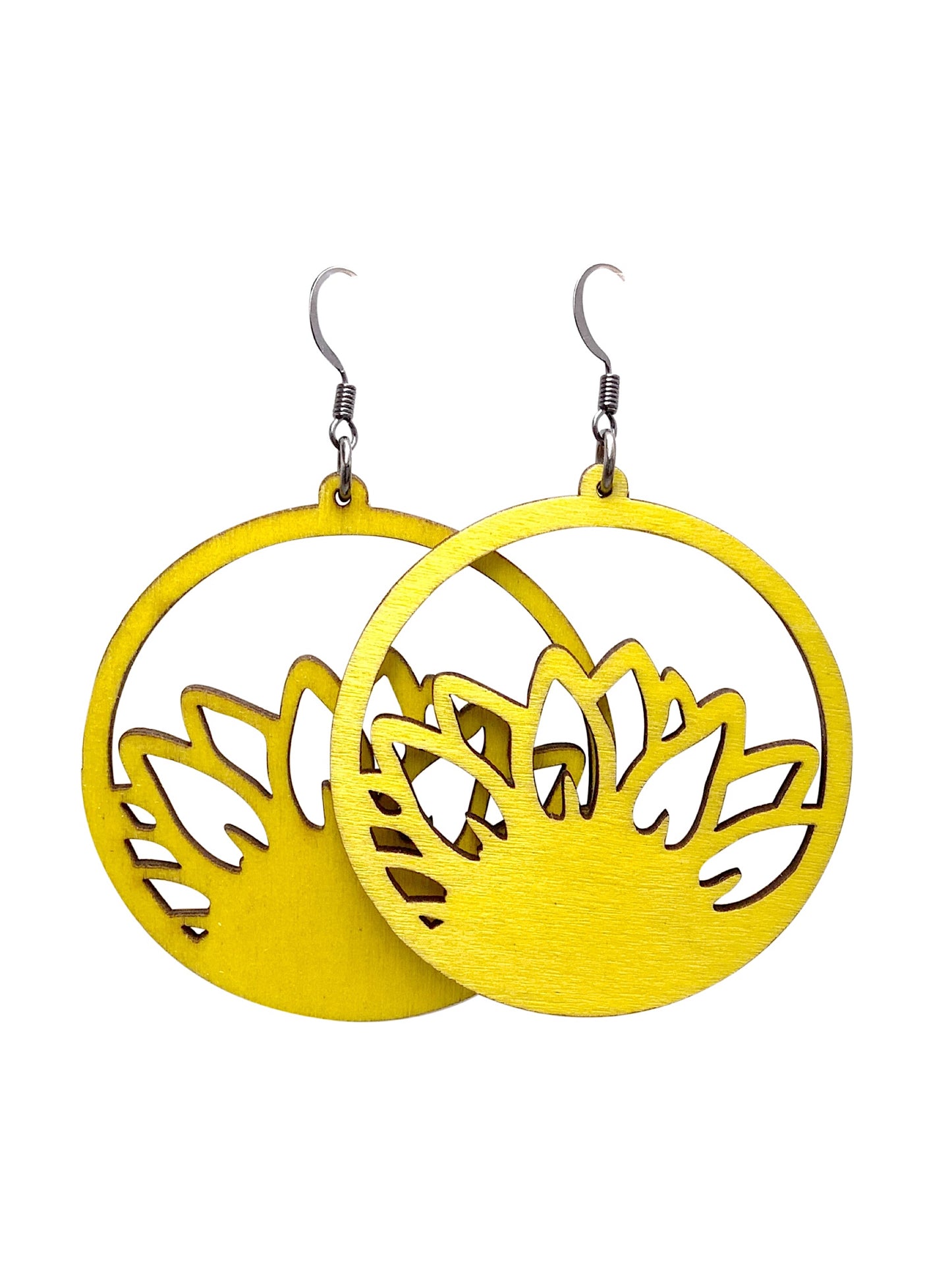 Yellow Sunflower Wood Hoop Dangle Earrings