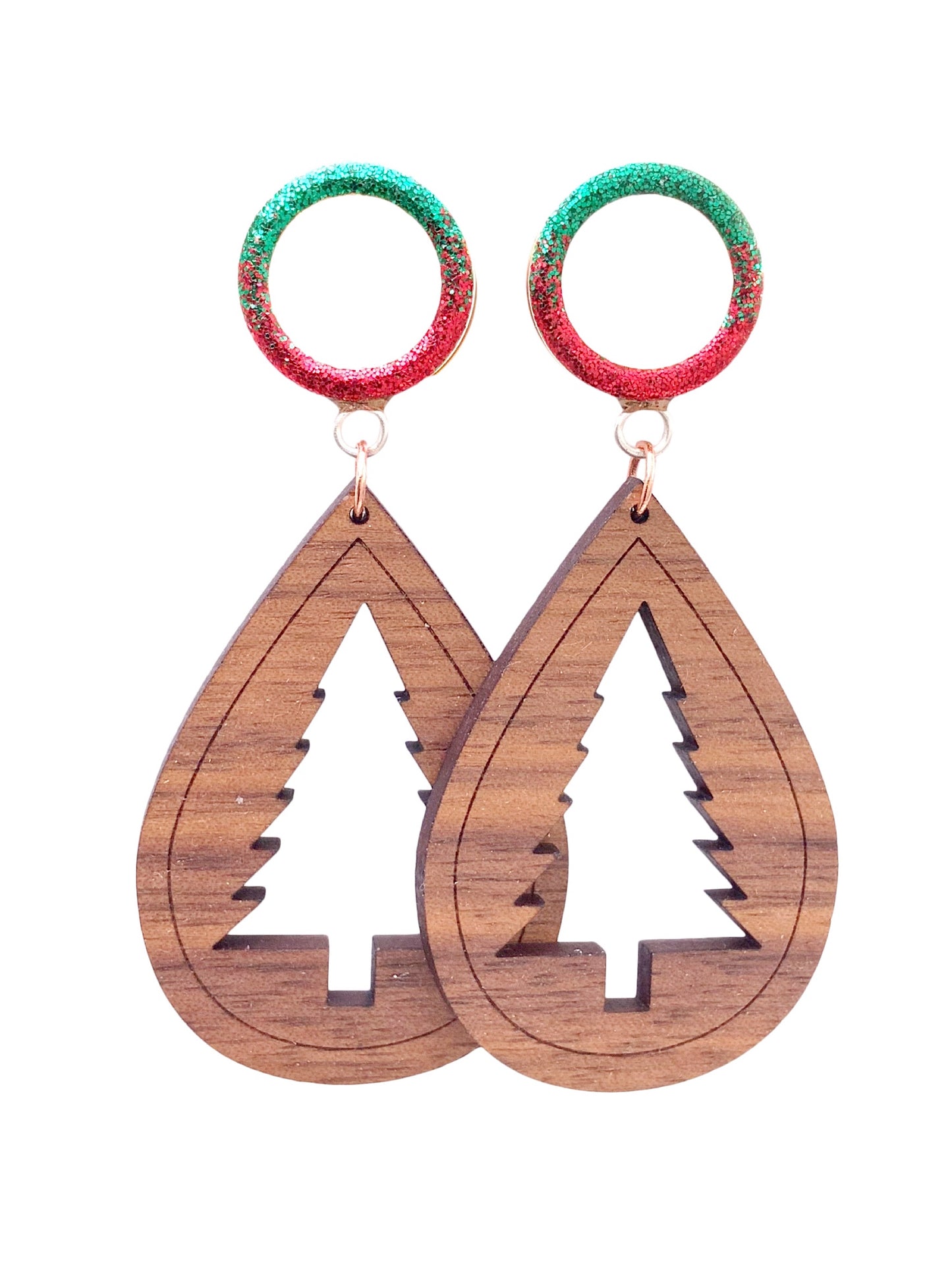 Red and Green Ombre Tunnel Walnut Wood Tree Cutout Dangle Plugs