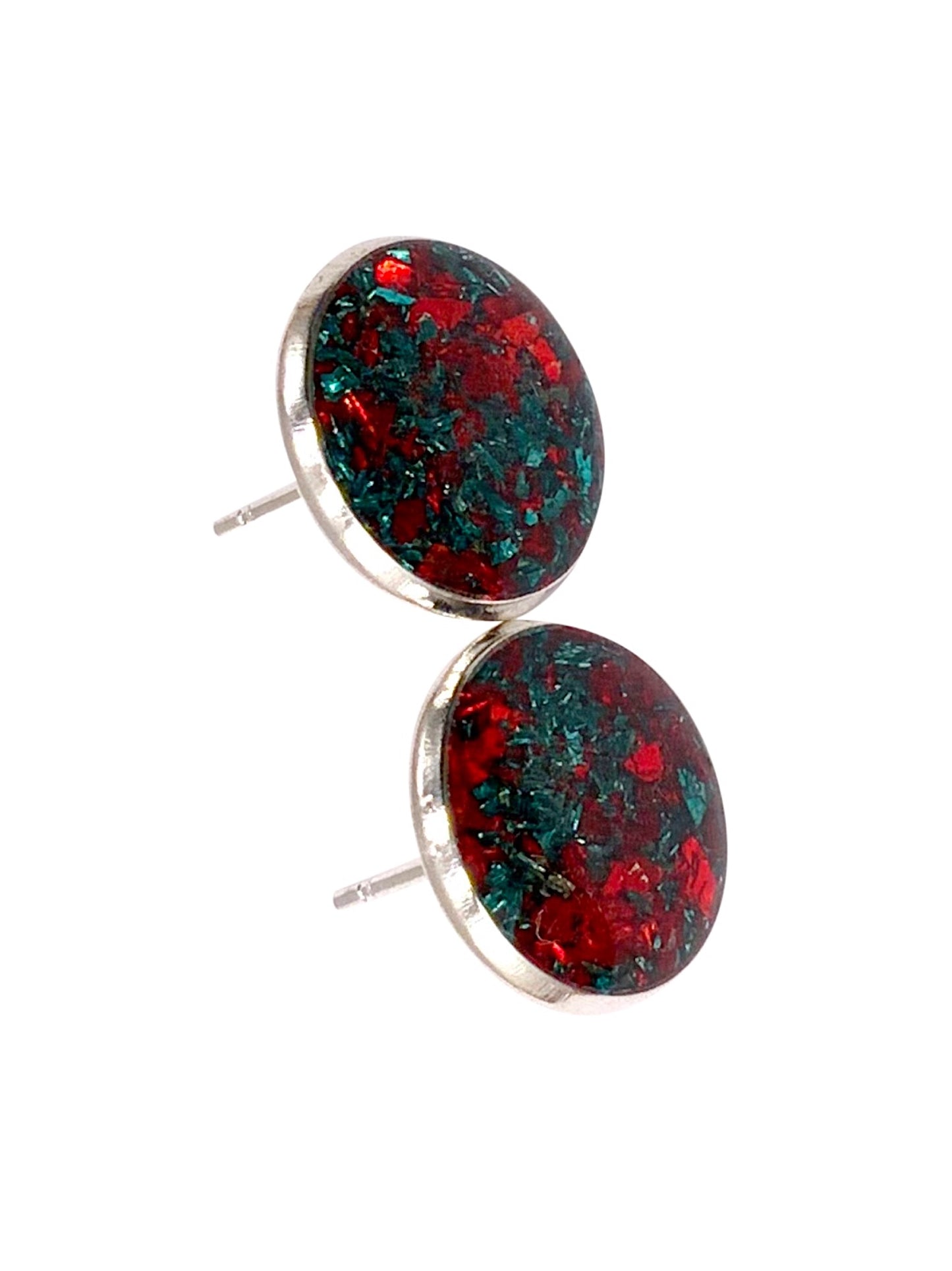 Red and Green Crushed Glass Stud Earrings
