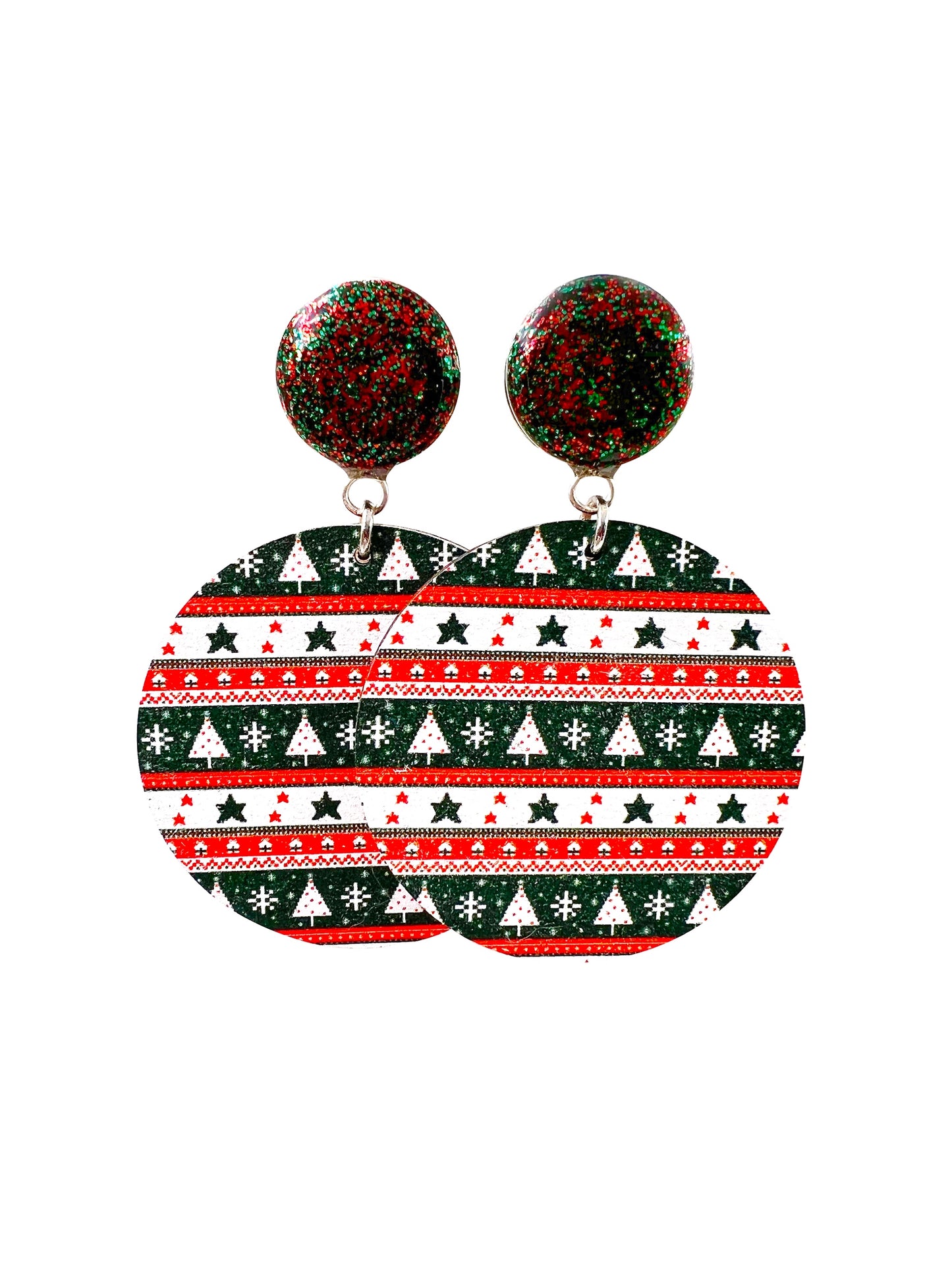 Red and Green Christmas Sweater Wood Hoop Dangle Plugs