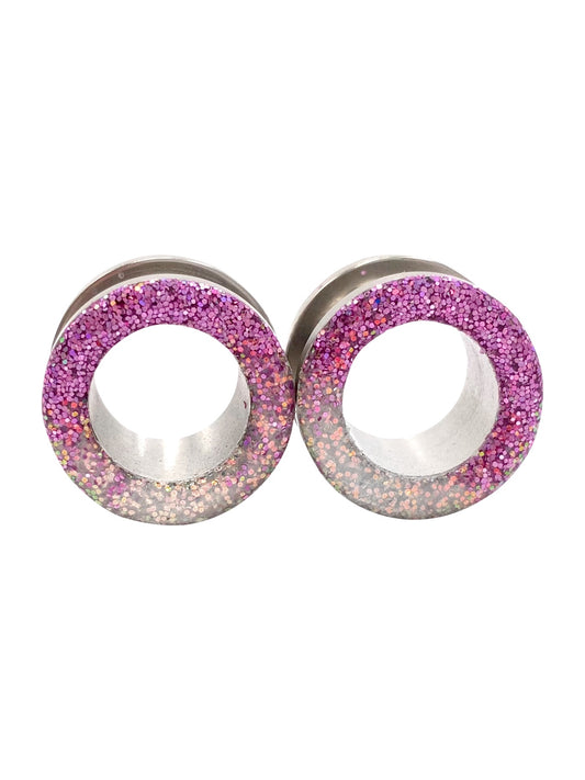 Pink and White Holographic Ombré Raw Sparkle Tunnel Plugs