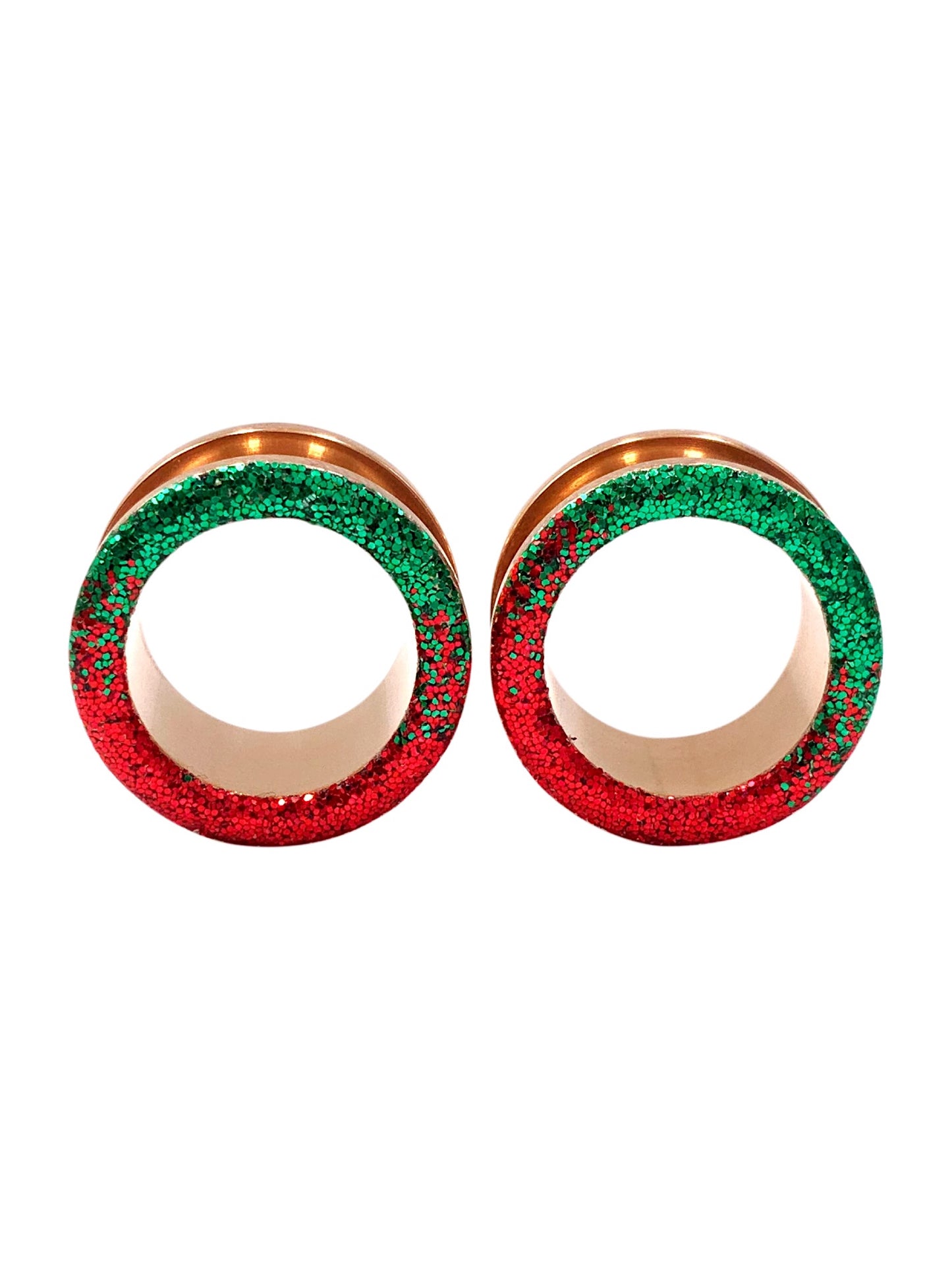 Red and Green Raw Sparkle Ombre Tunnel Plugs