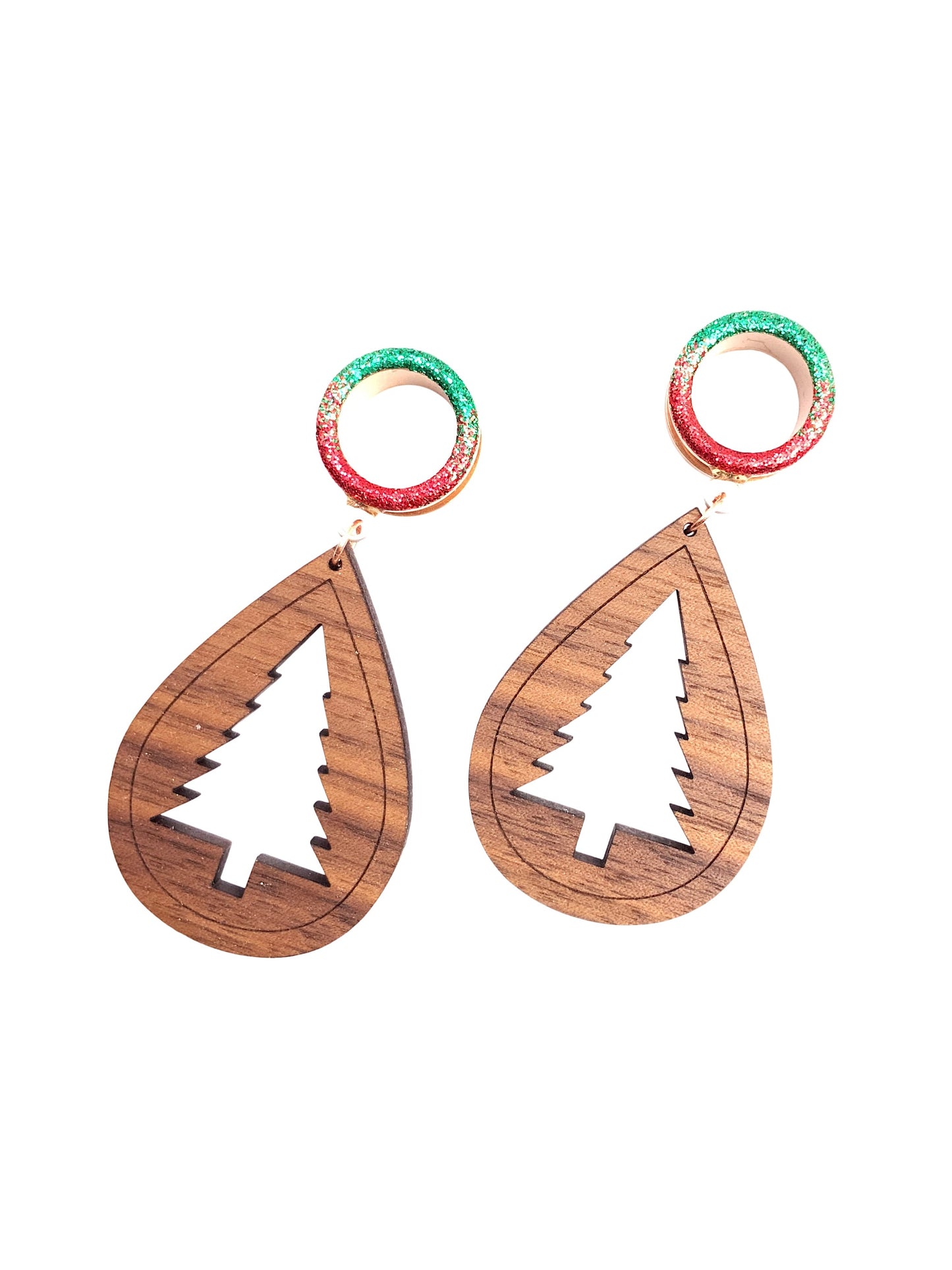 Red and Green Ombre Tunnel Walnut Wood Tree Cutout Dangle Plugs